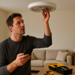 person inspecting a smart light fixture with smartphone and tools