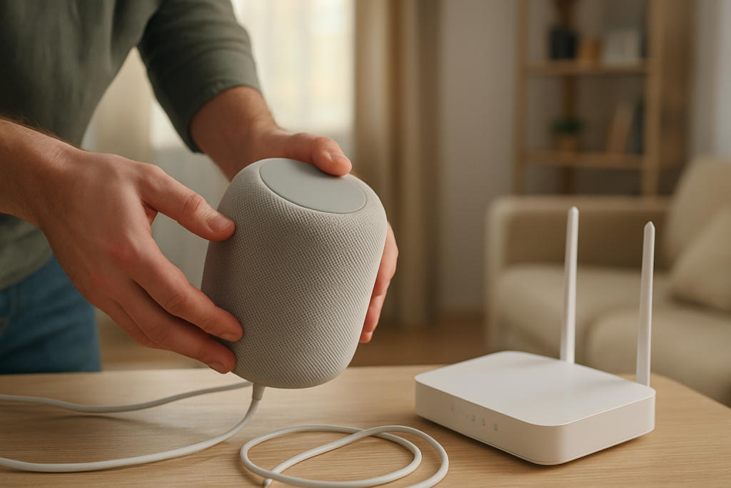 Person troubleshooting a smart speaker in a living room near router