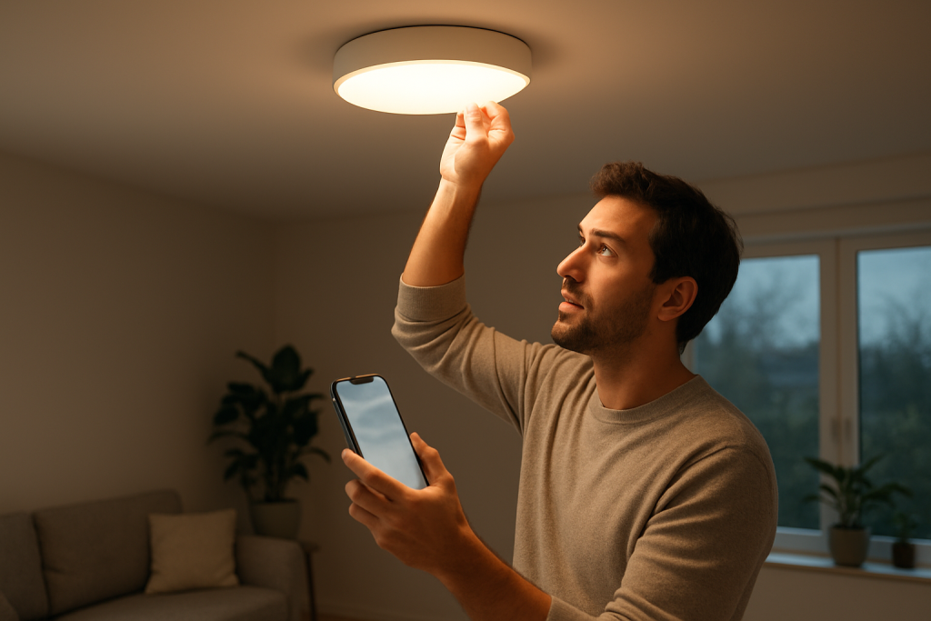 person checking smart light fixture and phone app at night