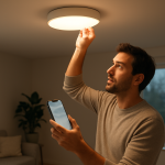 person checking smart light fixture and phone app at night