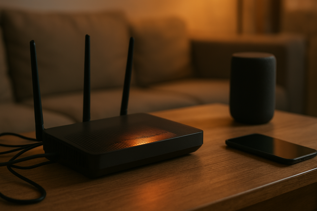 close up router vents glowing warm in a cluttered home tech space
