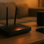 close up router vents glowing warm in a cluttered home tech space