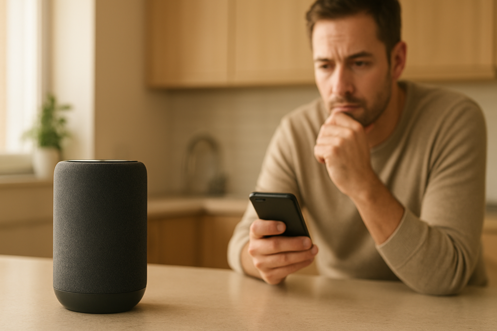smart speaker on a kitchen counter with concerned homeowner nearby