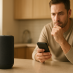 smart speaker on a kitchen counter with concerned homeowner nearby