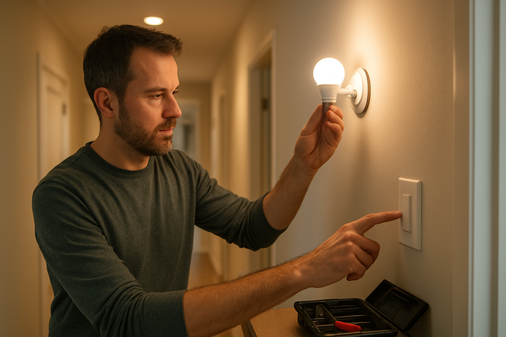 person checking smart light fixtures and wall switch setup in hallway