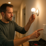 person checking smart light fixtures and wall switch setup in hallway