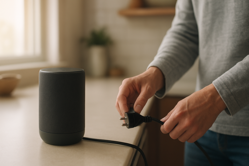 smart speaker on a kitchen counter after outage with unplugged cord