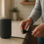 smart speaker on a kitchen counter after outage with unplugged cord