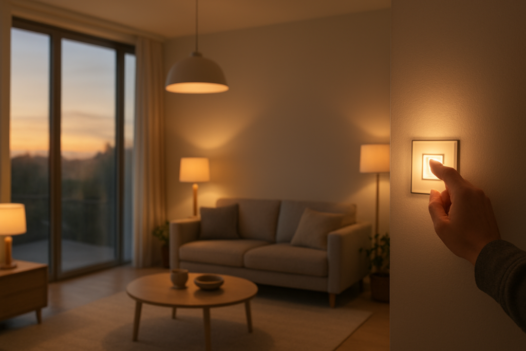 smart home lights inside living room at sunrise with window light