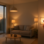 smart home lights inside living room at sunrise with window light