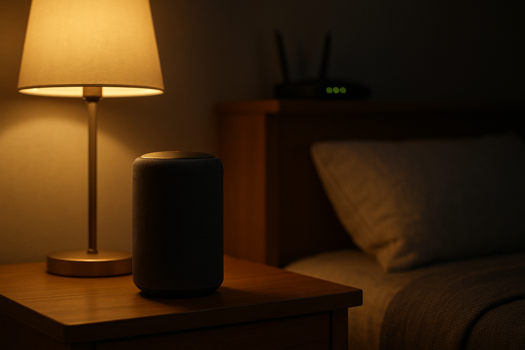 smart speaker in dimly lit bedroom at night near router