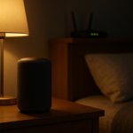 smart speaker in dimly lit bedroom at night near router