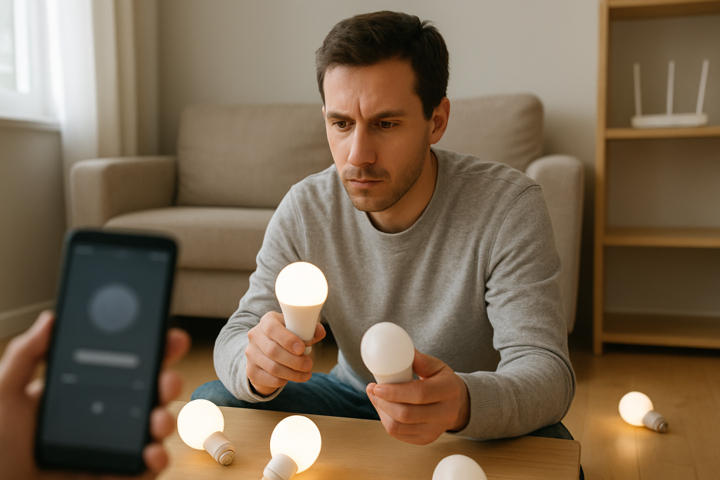 Person checking a grouping of smart bulbs on a table near a router