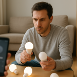 Person checking a grouping of smart bulbs on a table near a router