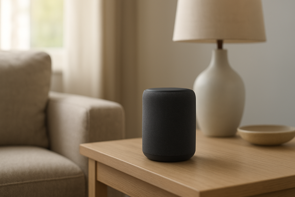 close up of a smart speaker on a shelf in a living room