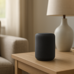 close up of a smart speaker on a shelf in a living room