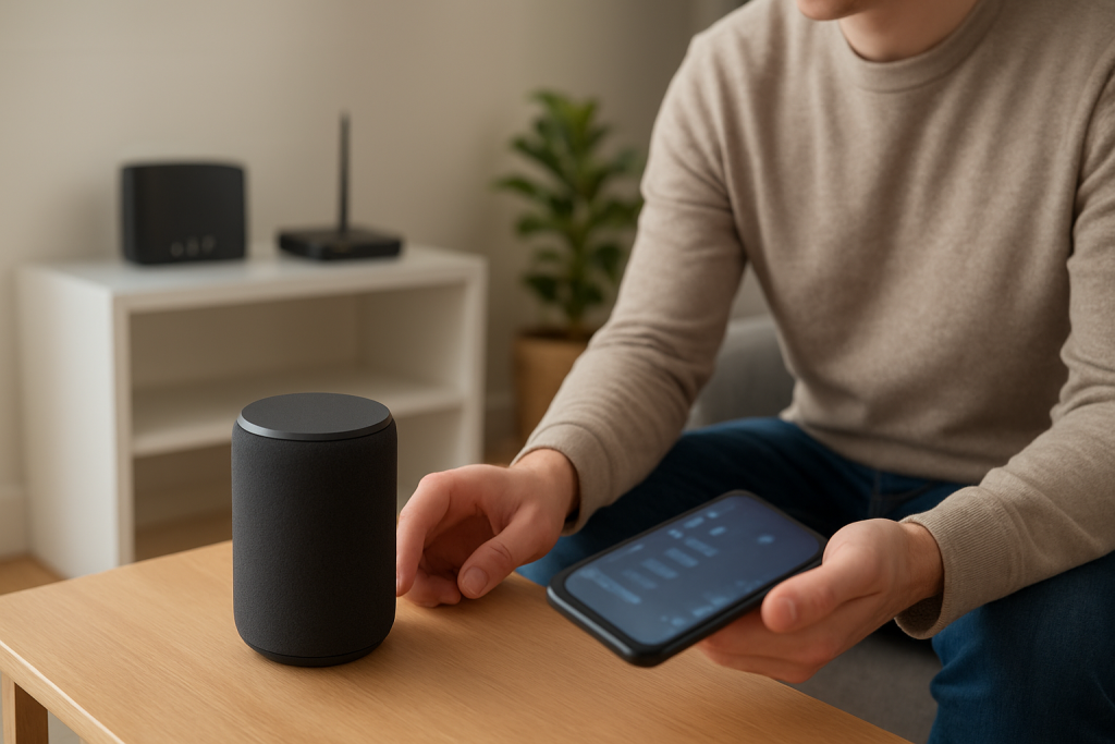 person troubleshooting a smart speaker in a living room with tools