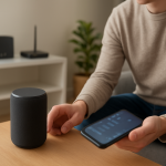 person troubleshooting a smart speaker in a living room with tools