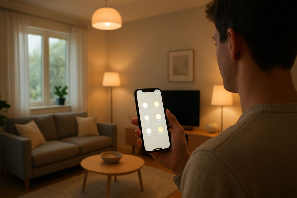 Person using smartphone near smart lights adjusting home lighting scenes