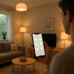 Person using smartphone near smart lights adjusting home lighting scenes