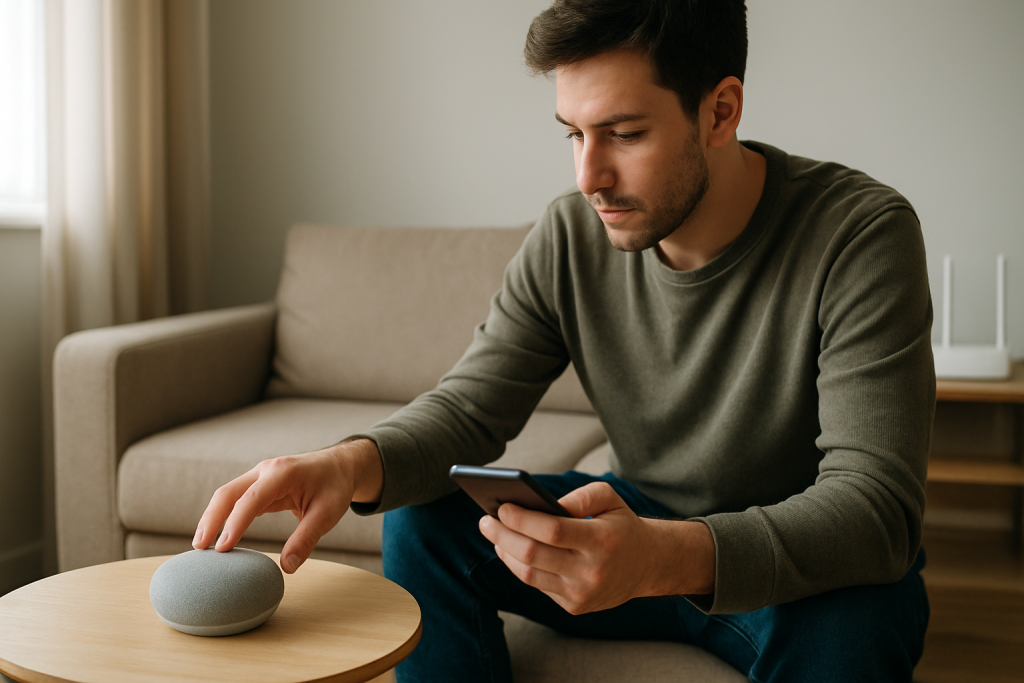 person adjusting smart speaker in living room troubleshooting bluetooth issue