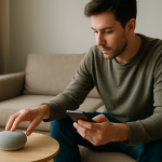 person adjusting smart speaker in living room troubleshooting bluetooth issue