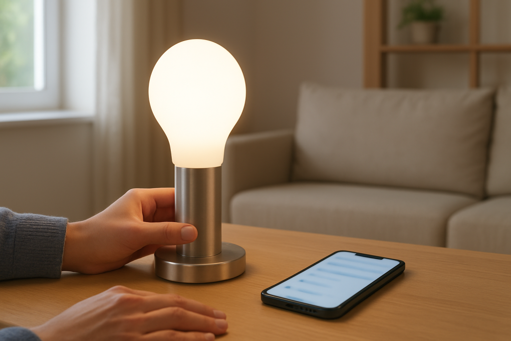 smart bulb in a living room glowing warm light on a table lamp