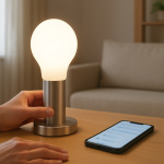 smart bulb in a living room glowing warm light on a table lamp
