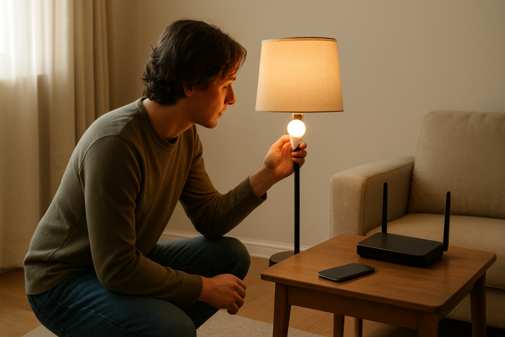 person checking smart light bulb and router in living room