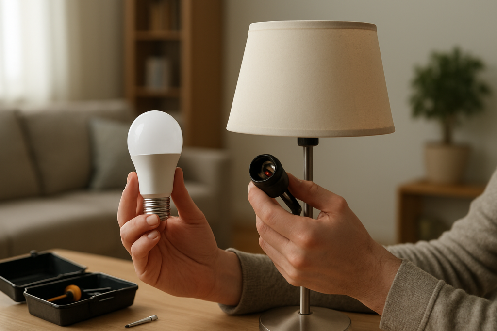 person adjusting smart bulb while checking wiring and power supply calmly