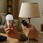 person adjusting smart bulb while checking wiring and power supply calmly