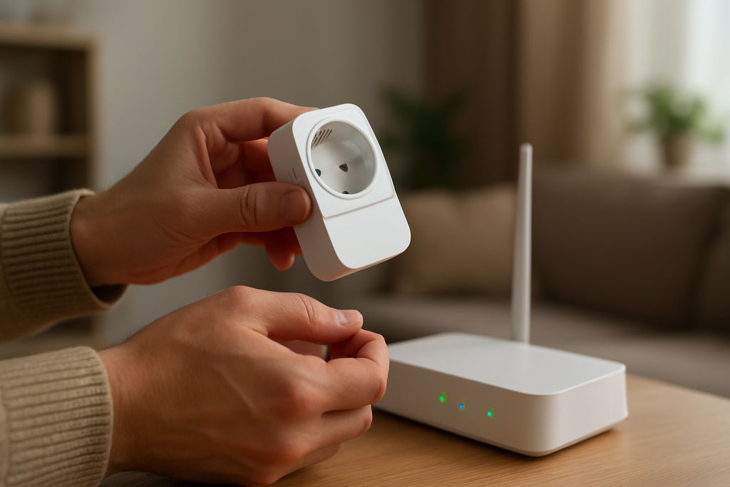 person checking a smart plug near a router with a smartphone in hand