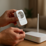 person checking a smart plug near a router with a smartphone in hand