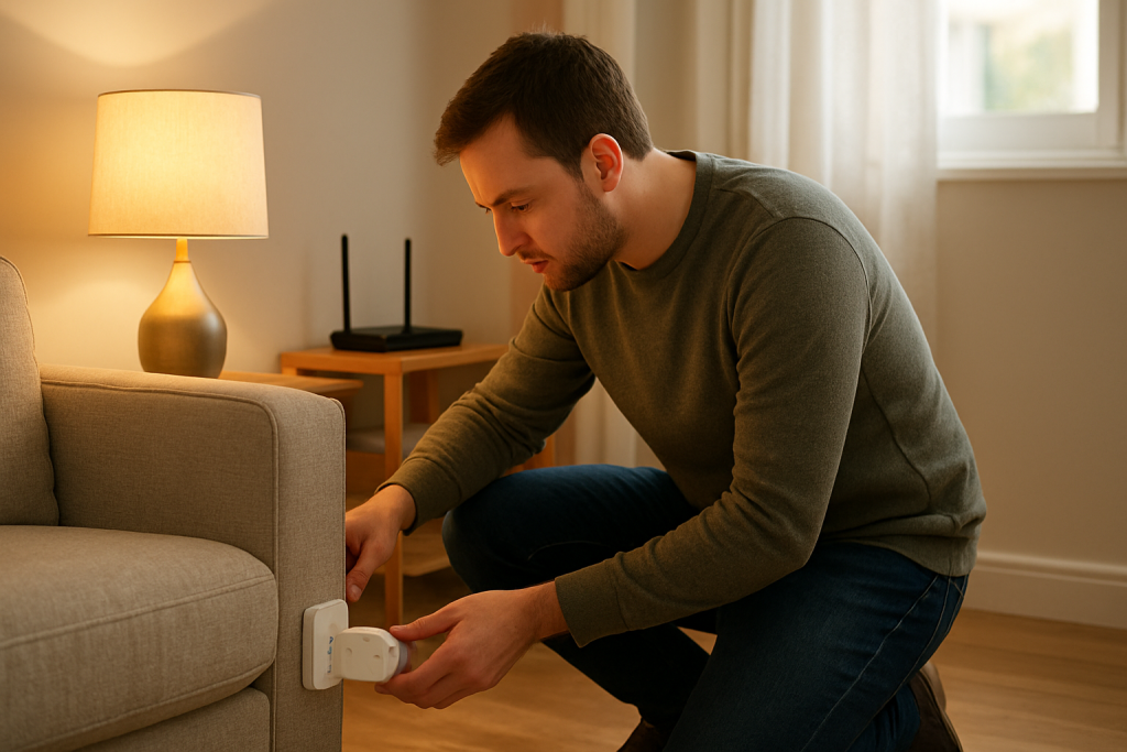 hand checking smart plug connection in a living room setting