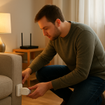 hand checking smart plug connection in a living room setting