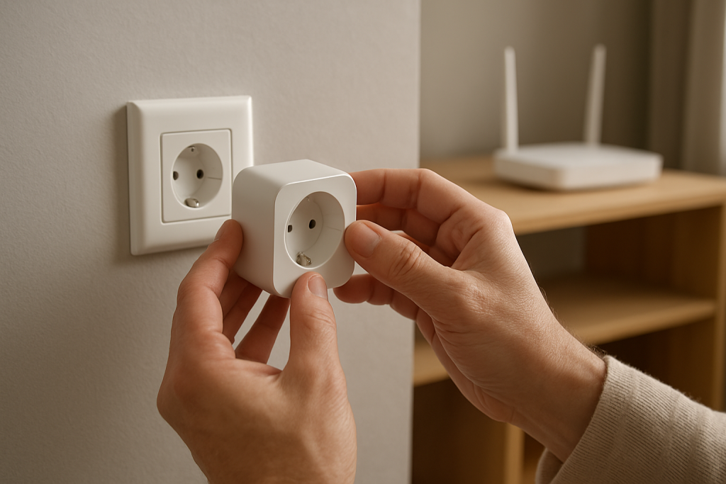 person checking a smart plug near a router in a living room