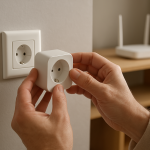 person checking a smart plug near a router in a living room