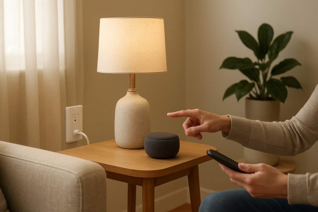 living room smart plug on side table near lamp with voice assistant speaker
