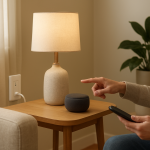 living room smart plug on side table near lamp with voice assistant speaker