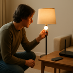 person checking smart light bulb and router in living room