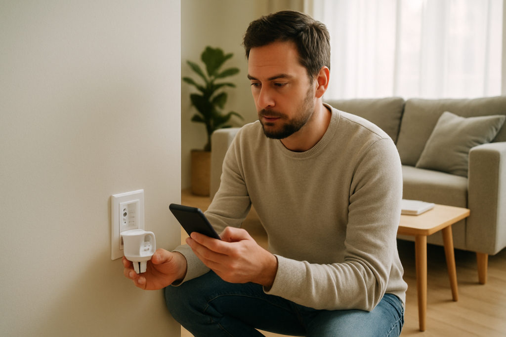 person troubleshooting a smart plug near a living room outlet