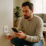 person troubleshooting a smart plug near a living room outlet