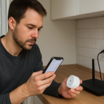 person troubleshooting smart plug near router and home outlet