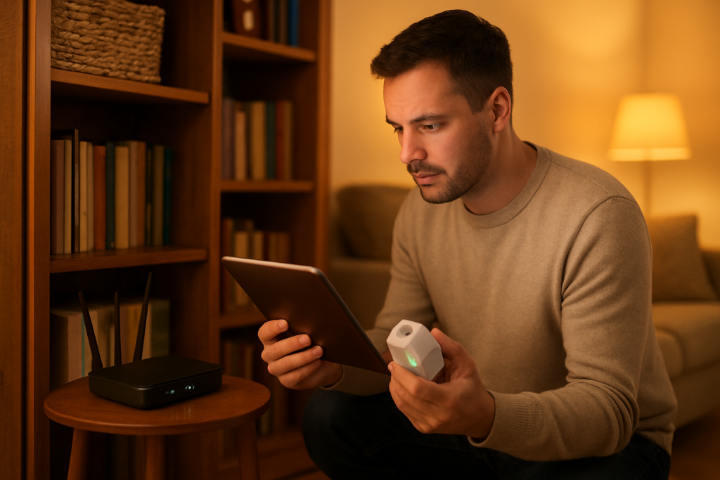 Person adjusting home router and smart plug to troubleshoot connection issues