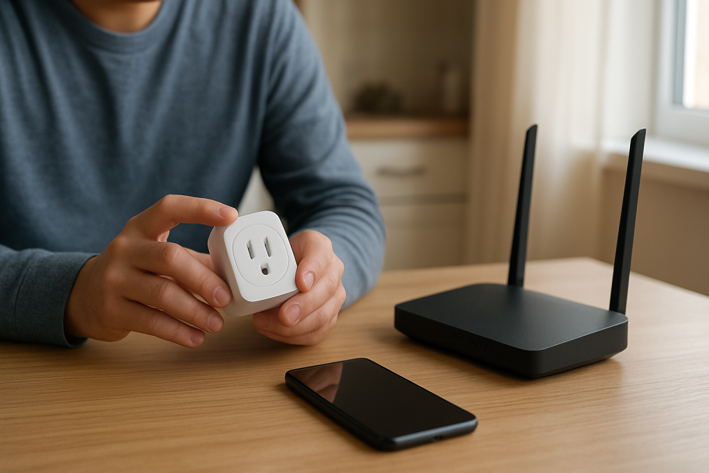 Person checking a smart plug and home router on a table