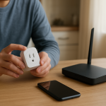 Person checking a smart plug and home router on a table