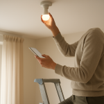 Person adjusting a smart bulb in a ceiling light fixture while troubleshooting