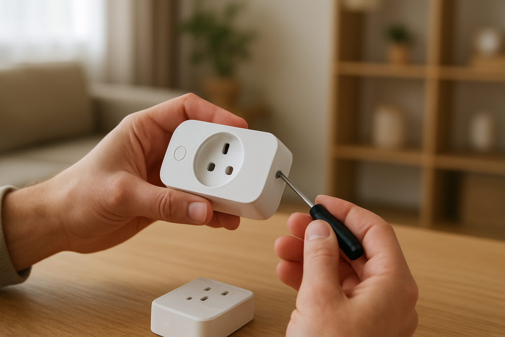 hands holding a smart plug near an outlet with tools on table