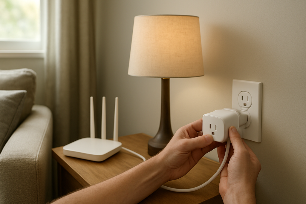 Smart plug unplugged on a living room outlet near lamp and router