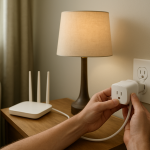 Smart plug unplugged on a living room outlet near lamp and router